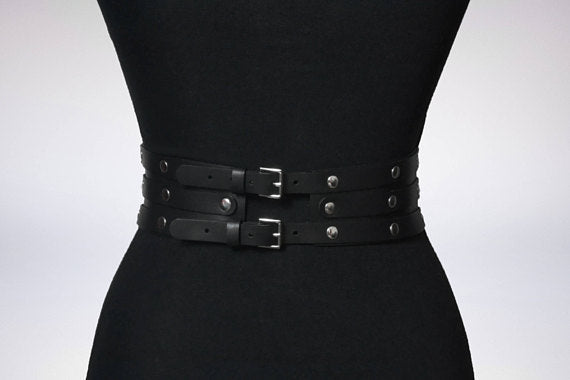 Women Black Leather Rivet Belt