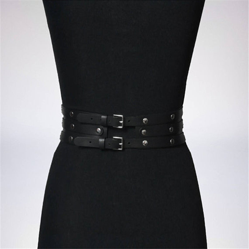 Women Black Leather Rivet Belt